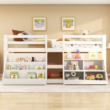 Letto semi-alto 90x200 cm bianco in pino e MDF con LED, ripiani, barriera e scala (1/5)