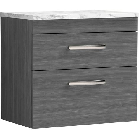 Nuie Athena Wall Hung 2-Drawer Vanity Unit with Carrera Marble Worktop 600mm Wide - Anthracite Woodgrain (1/4)