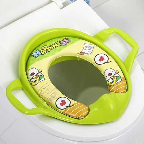 Réducteur de siège de toilette rembourré vert avec 2 poignées, pour les enfants de 18 mois et plus, antidérapant et universel. (1/3)