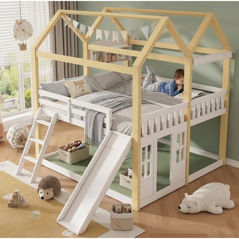 Letto a soppalco bambino 90x200 cm bianco/legno con scivolo, senza materasso - CHICFURN (1/5)