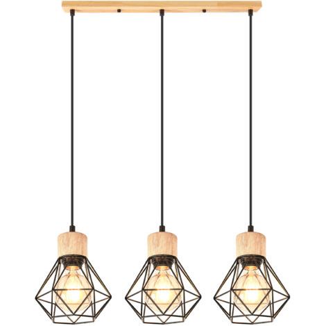 royaluxe- Lampe À Suspension Vintage Suspension Luminaire Rétro 3 Lumières Plafonnier D'Intérieur Moderne En Métal Et En Bois Noir