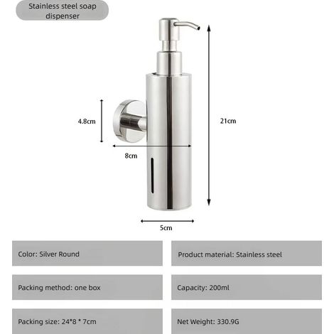 Flacon de gel hydroalcoolique rond en acier inoxydable (argenté), distributeur de savon liquide, flacon de gel douche, flacon suspendu, flacon mural. (1/5)