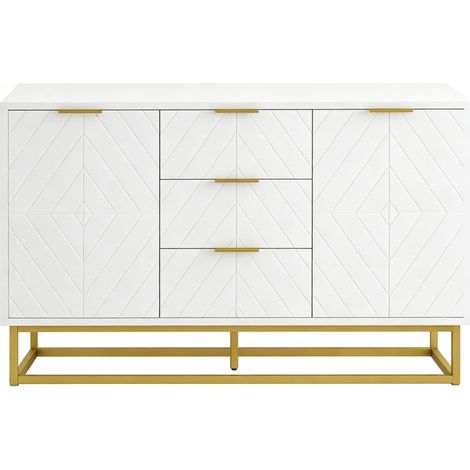 Buffet avec 2 portes, 3 tiroirs et étagères réglables, meuble de rangement blanc et doré en MDF avec base métal, pour salle à manger et salon  CHICFURN (1/5)