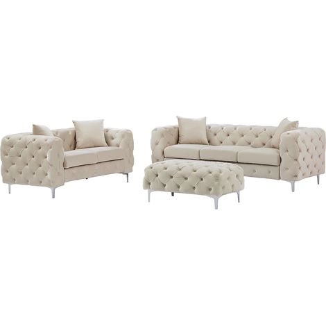 Vente-Unique – Canapé 3 places chesterfield en velours beige – Capitonnage élégant – Structure en bois – Charge maximale 360 kg – Dimensions 220x91x76 cm