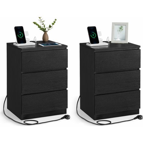 Vasagle – Lot de 2 tables de chevet avec multiprise – 3 tiroirs biseautés – 2 prises CA et 2 ports USB – Noir boisé – Dimensions 35x40x59 cm