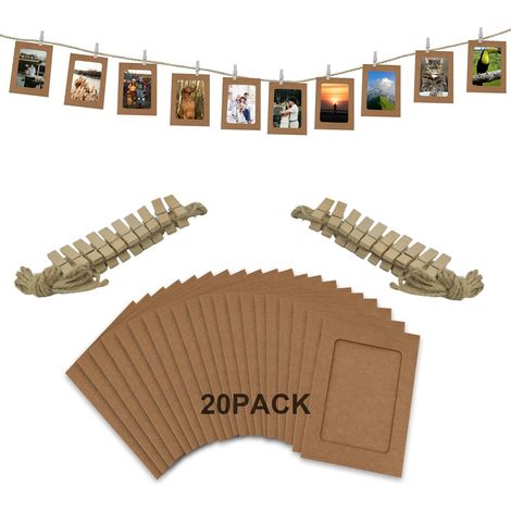 Lot de 20 cadres photo en papier brun clair 10,2 x 15,2 cm avec ficelle et pinces pour bannière photo et décorations. (1/4)