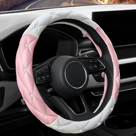Housse de volant en cuir blanc poudré, douce et antidérapante, ornée de strass scintillants - Taille universelle 15 pouces pour femmes et filles, compatible avec voitures, berlines, SUV et camions. (1/5)