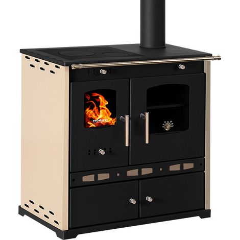 Prometey – Cuisinière à bois 7,5 kW – Plaque en fonte – Classe A+ – Rendement 83,63% – Surface de chauffe 40-100 m² – Finition ivoire (1/3)