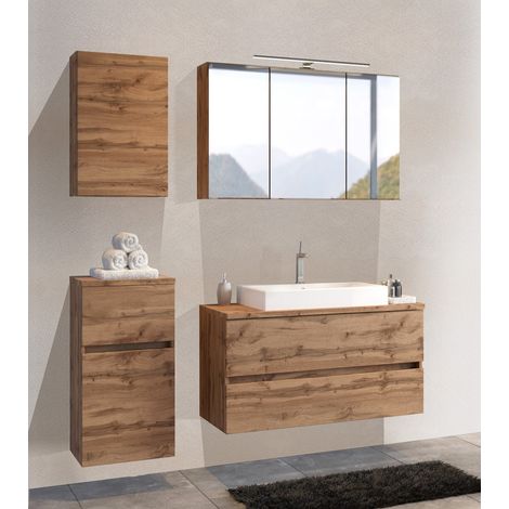 Badmöbel Set in Wotan Eiche Nb. PESARO-03 LED Spiegelschrank und Keramik Waschbecken, B/H/T: ca. 160/200/48 cm (1/5)