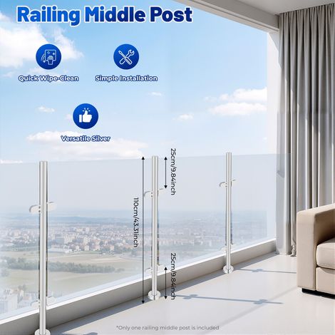 316 Edelstahl Geländerpfosten 110 cm, Belastbarkeit 80 kg, Glasgeländerpfosten mit Beschlägen, silber, für Balkon, Treppe, Pool, passend für 12 mm Glas/Steinplatten, gute Qualität, NEU
