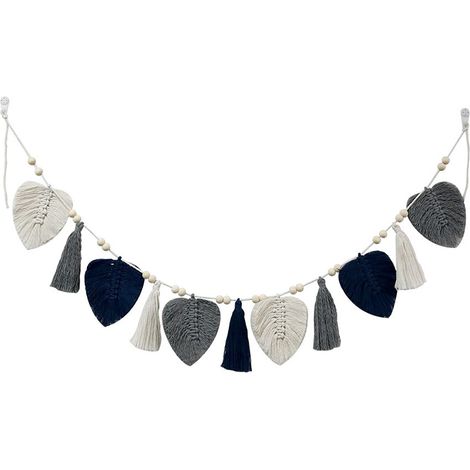 Tapisserie artisanale à corde de coton bleu nuit avec franges feuilles, décoration murale pour chambre ou salon (1/3)