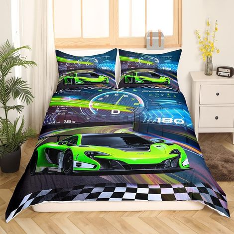 Vert Fluorescent Voiture de course Housse de Couette Voiture de sport de course Parure de Lit 220x240cm pour Enfants Extreme Sports Sets de Housse de Couette Car Sports avec 2 taies d'oreiller (1/5)
