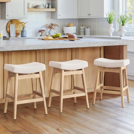 Barhocker 3er Set 61cm Sitzhöhe Stoffbezug Holzbeine Beige (1/5)