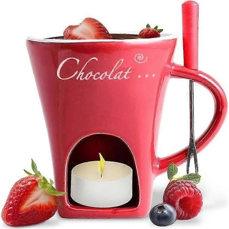 Mug à fondue au chocolat, tasse à café, mug à fondre le chocolat avec fourchette, chauffe-fondue, mug à bonbons, pot à fondue wh rouge (1/5)