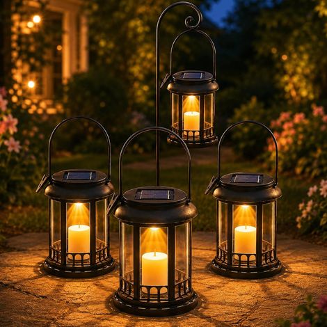 Solar Lantern Outdoor Garden 4 Pieces Solar Lamp LED Flickering Candle, Solar Table Lamp IP44 Waterproof Solar Suspension Light Outdoor for Patio Garden Decoration (1/5)
