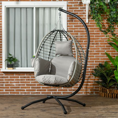 Silla colgante plegable tipo huevo con cojín y soporte, para uso interior/exterior, de metal y cuerda de polipropileno.