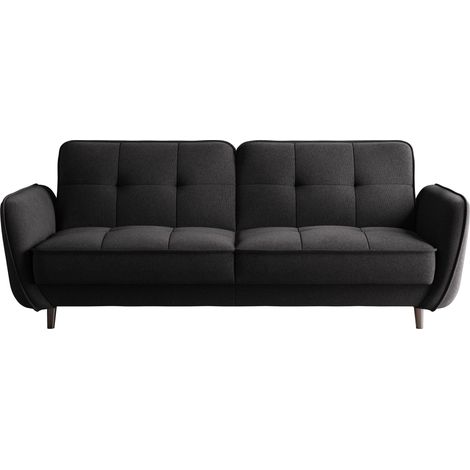 Canapé 3 places convertible en tissu BOZA - Pieds bois noir-Noir chiné (1/4)