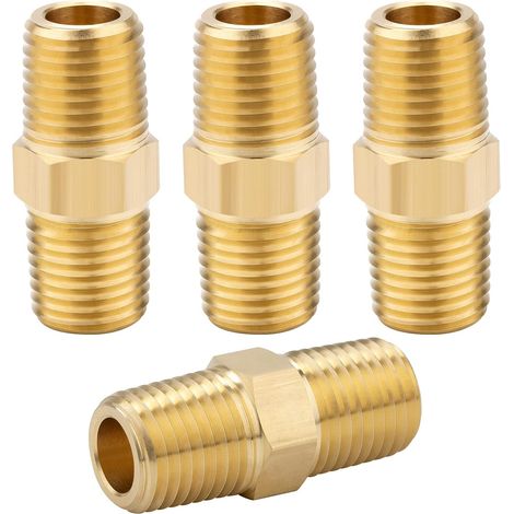 1/4 NPT x 1/4 NPT Sechskant-Außengewindeverschraubungen aus massivem Messing, Rohrverbinder aus massivem Messing, gleichschenklige Endverbinder, 4 Stück (1/5)
