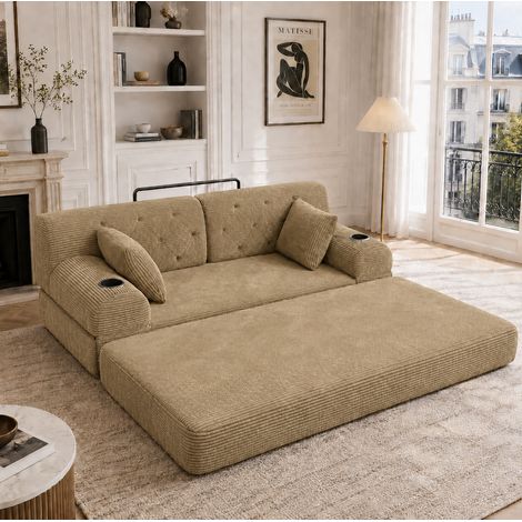 Sofá cama 168x80x81 cm caqui en pana con respaldo alto, 4 bolsillos laterales y 2 portavasos (1/5)