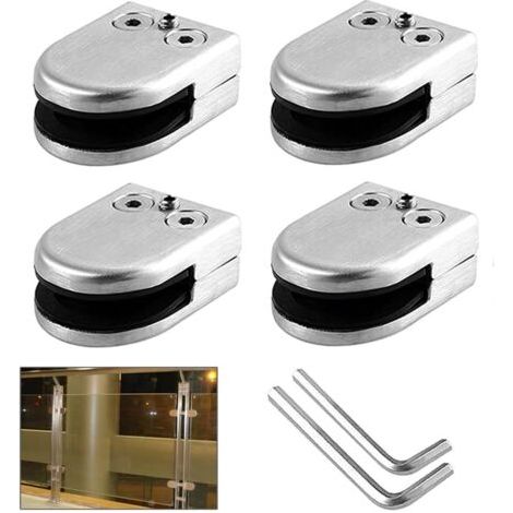 Lot de 4 pinces à verre de 8 à 10 mm (taille M) - Pince à clip en acier inoxydable 304, support de serrage réglable à dos plat, pour rampe, balustrade d'escalier (argenté) (1/5)