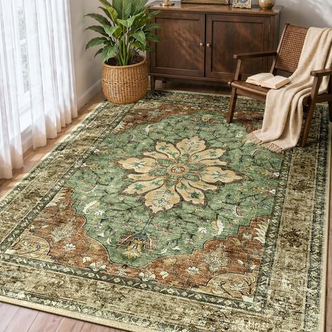 Vintage Tapis de Salon 90x150 cm Lavable Brique/Marron/Vert Tapis Salon, Tapis Chambre, Lavable en Machine, Vintage, Boho, Rétro, Antidérapant, Cuisine, Salle à Manger, Douce, OEKO (1/5)