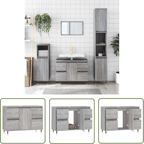 The Living Store Armoire salle de bain sonoma gris 80x33x60 cm bois d'ingénierie - Meuble Salle De Bain - Armoire Salle De Bain - Rangement Salle De Bain - Commode Salle De Bain - Design Industriel (1/5)