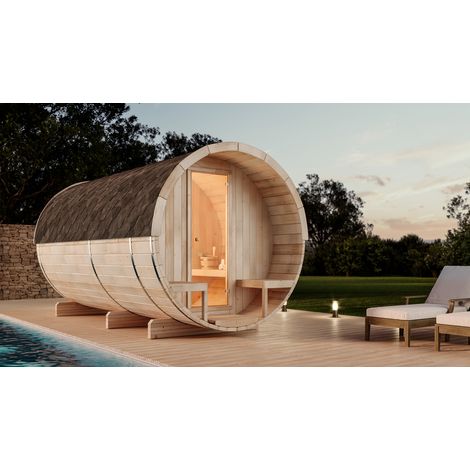 FinnTherm Fasssauna Charlotte Fasssauna 2 Sitzbänke aus Holz, Sauna mit 42 mm Wandstärke, Außensauna mit Montagematerial (1/5)
