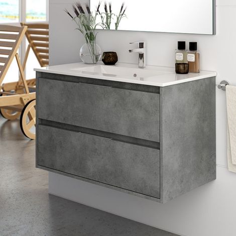 Armoire de toilette murale avec 2 tiroirs couleur ciment 60x45x48H cm - Konni