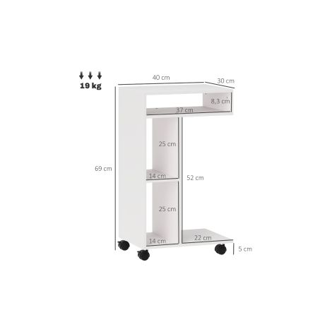 Mesa auxiliar en C 40x30x69 cm de madera blanca, 4 ruedas, ahorra espacio - MEUBLIV (1/5)