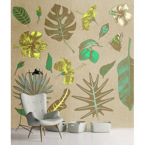 Papier peint panoramique vert & jaune tropical | Tapisserie panoramique exotique idéale cuisine | Papier peint panoramique feuille & oiseaux couloir - 270 x 400 cm (4 pièces) (1/5)