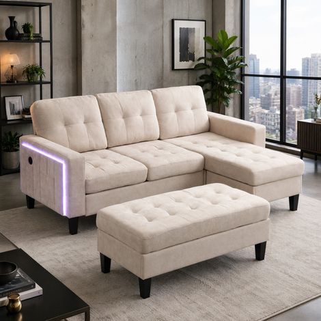 Sofá cama chaise longue modular con LED beige OKMYHOME (1/5)