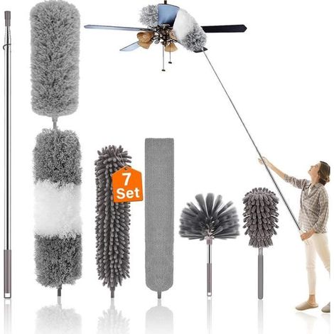 7 Pièces Plumeau Telescopique,Plumeau Lavable Microfibre,Tete de Loup Longueur Maximale 25-256cm,Plumeau Poussiere Telescopique (1/4)