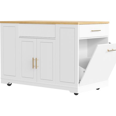 Îlot de cuisine sur roulettes 120x50x92 cm avec 2 portes, 3 tiroirs et compartiment pour poubelle - MDF blanc et plateau effet bois (1/5)