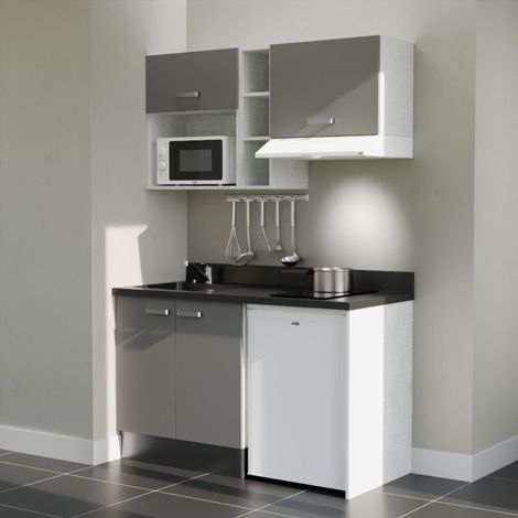 Kitchenette K13L - 140 cm - plan monobloc évier intégré Nero- évier à gauche - Façades Gris + Electroménager inclus coloris Blanc