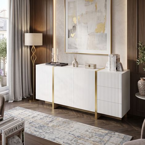 Creahappy Enfilade Buffet 140x36x75 cm - Rangement Salon Salle à Manger - Façades Cannelées et Liserés Dorés - Blanc et Bois (1/5)