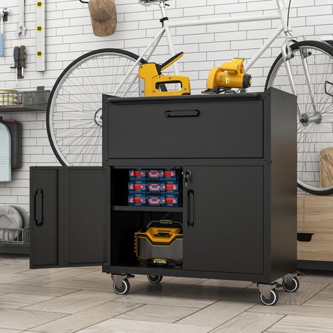 Armadio porta attrezzi su ruote 75x42x88 cm in metallo nero, 1 cassetto, garage – MEUBLIV (1/5)