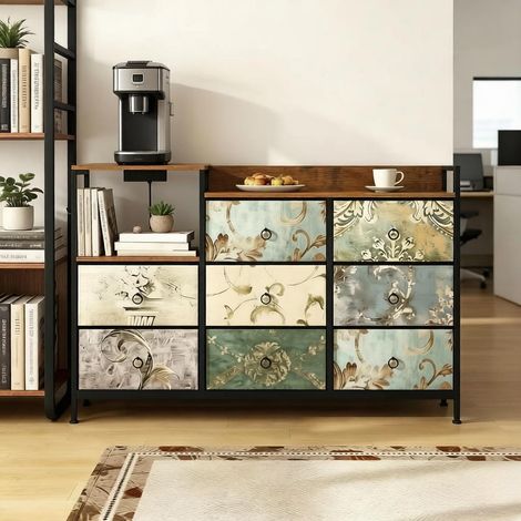 Mobile Contenitore Vintage, 8 Cassetti in Tessuto con Ripiano Aperto, 2 Prese USB, Camera, 132 × 88 × 29 cm (1/5)