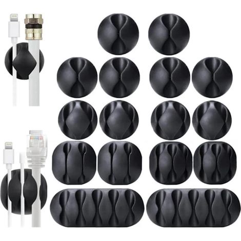 Attaches-câbles, lot de 16 supports adhésifs noirs pour câbles, organisateur de câbles idéal pour bureau, table de chevet, chargeur de téléphone, etc. (1/4)