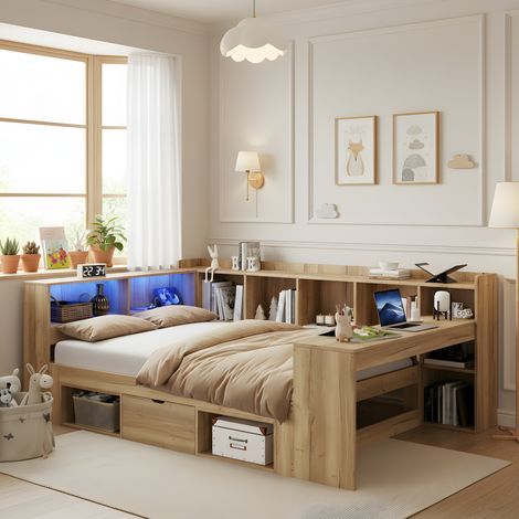 Lit enfant rangement 140x200cm LED USB et bureau,structure bois forme L avec étagères et tiroirs.