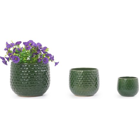 CHICFURN Lot de 3 pots de fleurs en céramique vert foncé brillant, jardinières d'intérieur extérieur avec trous de drainage, résistants au gel pour balcon jardin (1/5)