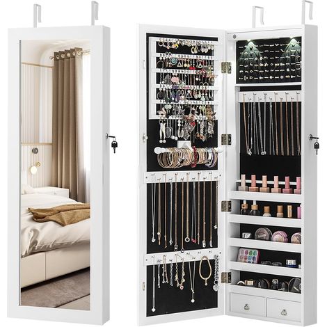 Costway – Armoire à bijoux murale avec miroir grand format et 2 lumières LED – Rangement spacieux avec crochets réglables – MDF blanc 108 x 37 x 9,5 cm