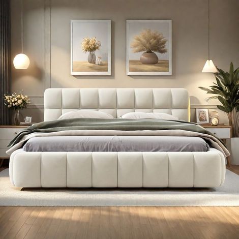Doppelbett mit Polsterung - TANANT - 160x200 cm - Gepolsterte Kopfstütze - Holzrahmen - Hoher Komfort