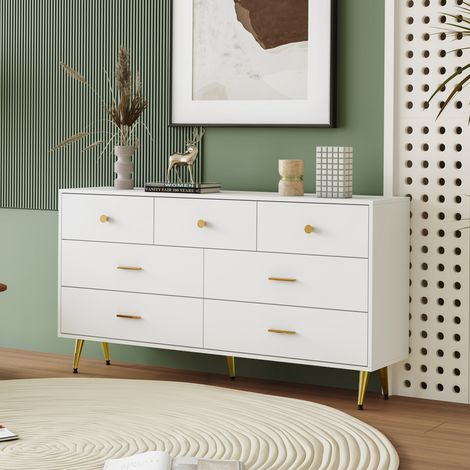 Sideboard Weiß 140 cm Kommode 7 Schubladen mit goldenen Griffen und Beinen, Moderne Anrichte Esszimmer Aufbewahrungsschrank Küchenschrank