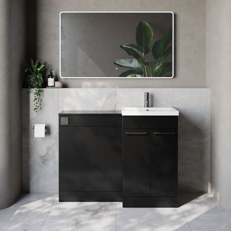 Napoli 390 Cento Matt Black 1100mm 2 Door Vanity Unit Toilet Suite with Glide Basin - 1100mm - Gunmetal Grey 160mm HandleWithout Kingston Toilet Pan