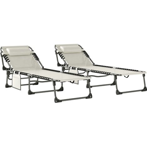 Outsunny set de 2 tumbonas jardín exterior, tumbonas plegables con reposacabezas y bolsillo lateral, respaldo reclinable 5 posiciones, blanco crema (1/5)