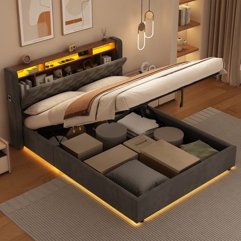 REDOM Cama de almacenamiento 140x190 cm con iluminación LED, cama con cabecero abatible, cama funcional con almacenamiento, gris oscuro (sin colchón)