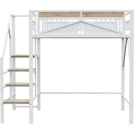 Cama alta de metal 140 x 200 cm blanca con escalera de seguridad y espacio de almacenaje (1/5)