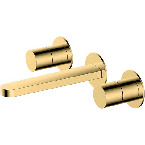 RAK Petit Round Brushed Gold Wall Mounted 3 Tap Hole Basin Mixer Tap - RAKPER3010G (1/2)