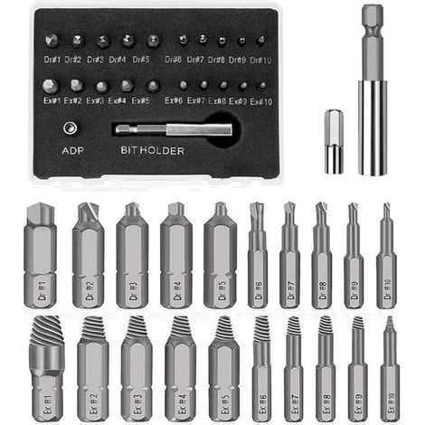 Kit extractor de tornillos rotos, 22 piezas HSS, con portapuntas magnético y adaptador de casquillo, para extraer tornillos o pernos dañados o desgastados, OUYLAF (1/4)