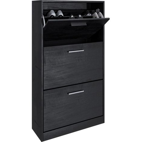 Scarpiera Salvaspazio 3 Ante a Ribalta 63x24x115 cm in Melaminico Venato a Rilievo Nero (1/5)